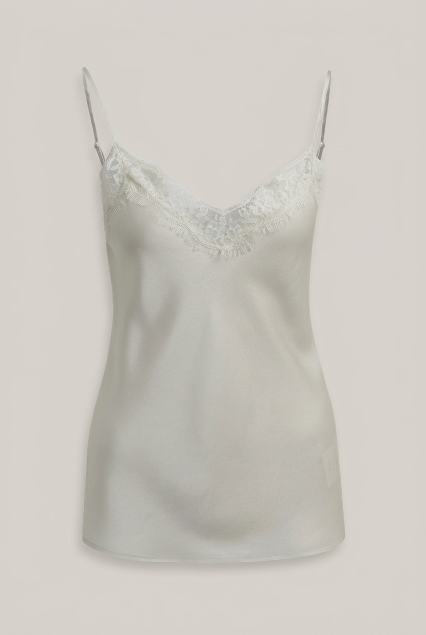 Milano Italy Lingerie-Top in Creme, vollständig mit Abstand zum Bildrand vor Greige-Hintergrund
