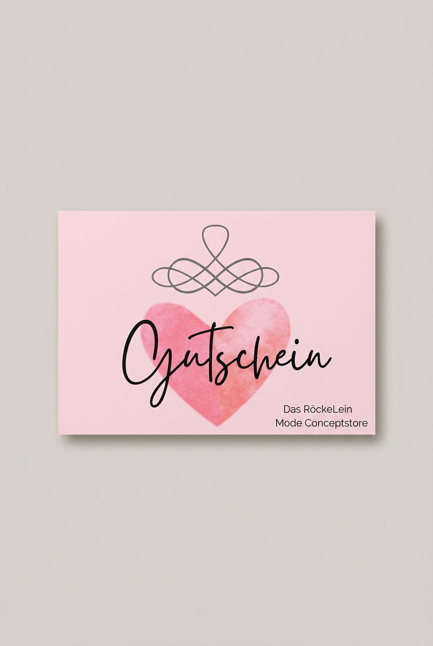 DAS RÖCKELEIN Geschenkgutschein mit rosa Herzmotiv, kleiner und zentriert vor warmem Greige-Hintergrund