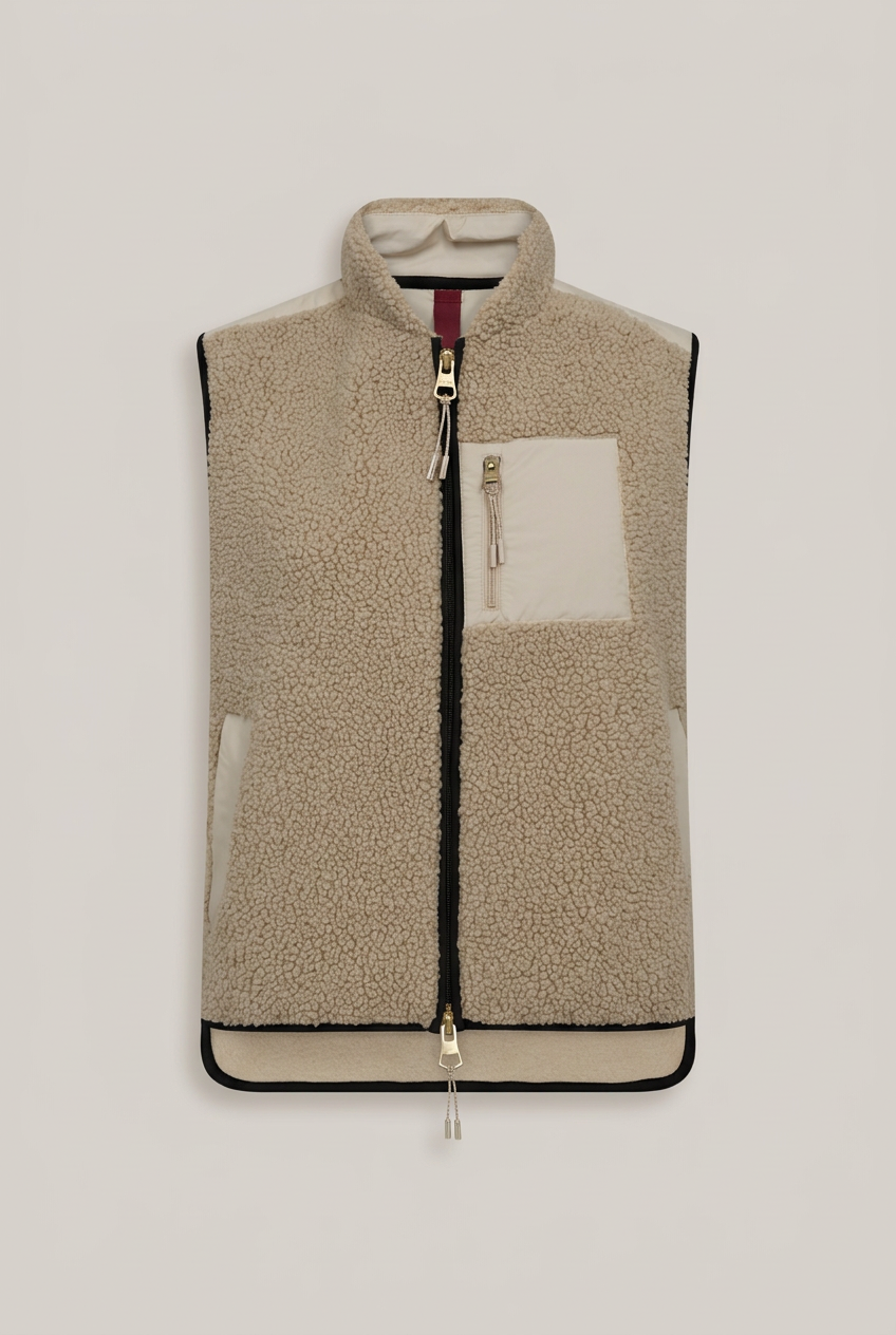 MosMosh Teddyweste in Beige, Vorderansicht vor warmem Greige-Hintergrund