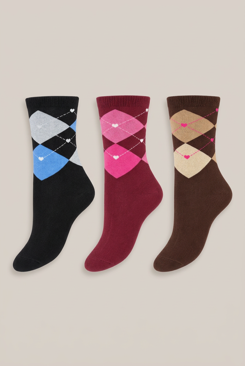 Drei ICHI TILDE Socken mit Rauten- und Herzmuster vor warmem hellem Greige-Hintergrund