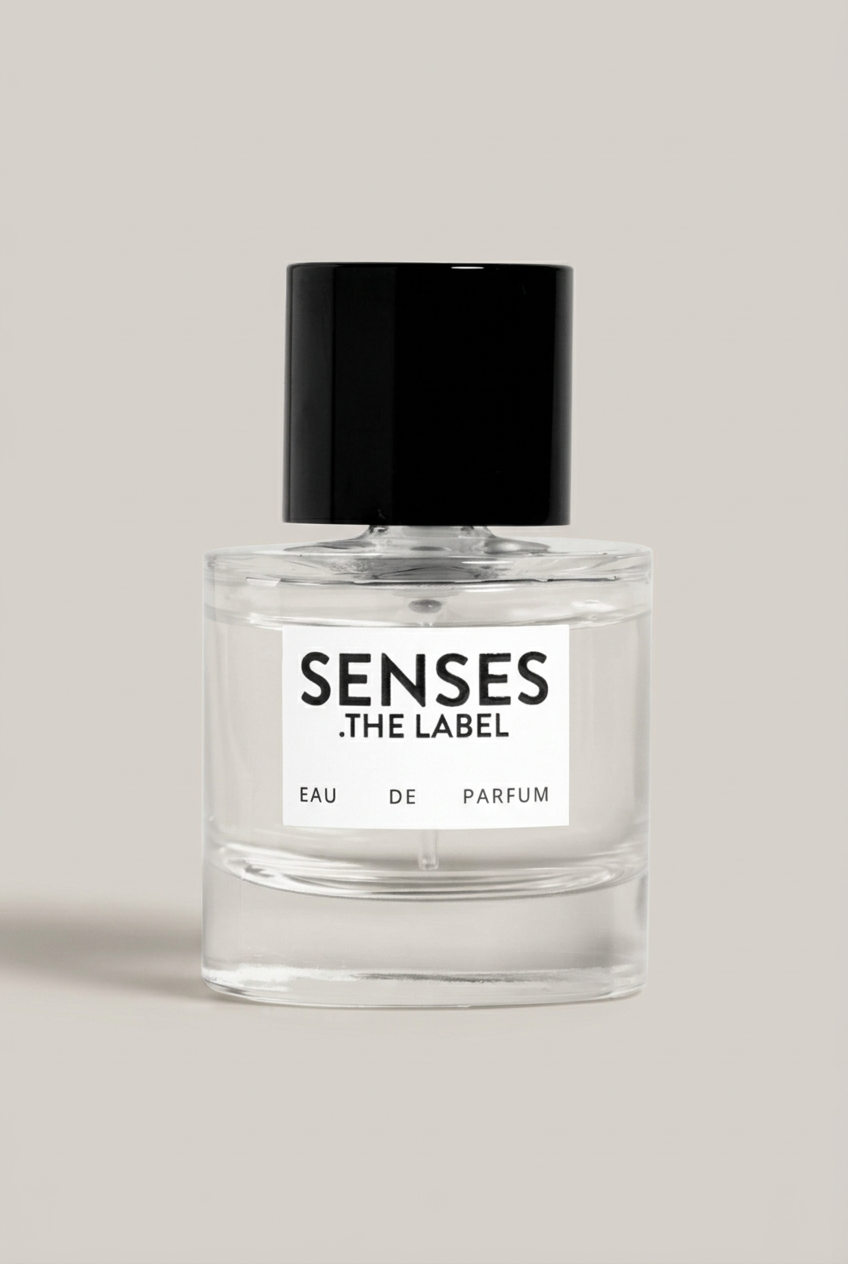SENSES THE LABEL Eau de Parfum Flakon vor warmem Greige-Hintergrund