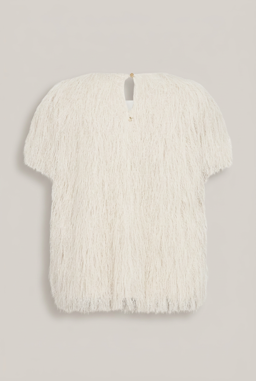 MosMosh Fake Fur Shirt – Rückseite vor Greige-Hintergrund